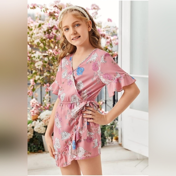 NWOT Teurkia Pink Floral Girls Romper Size Large - Picture 1 of 16